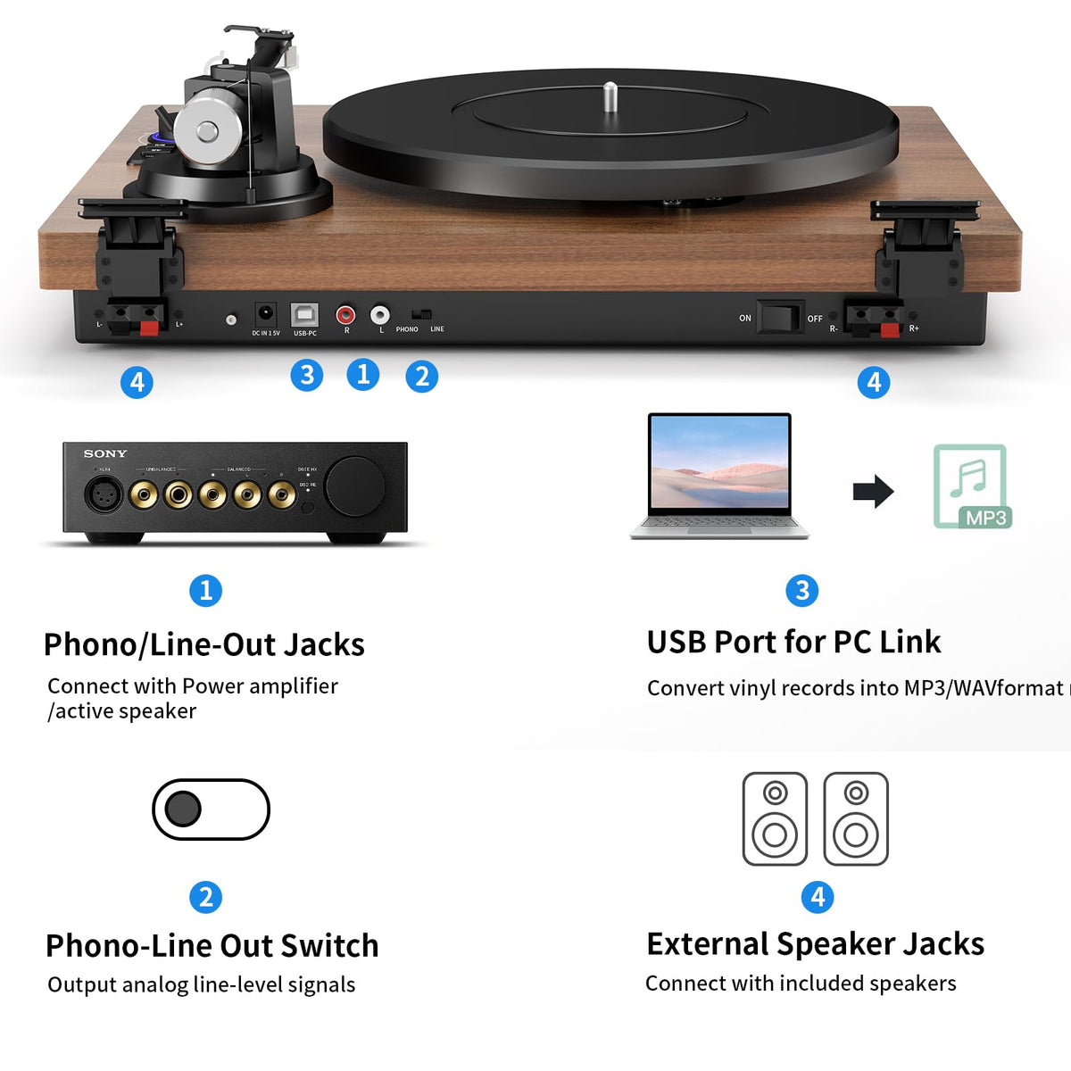 DIGITNOW switchable phono line outputs for external speaker connections