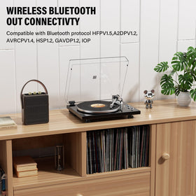 DIGITNOW turntable showing Bluetooth output connection to wireless speakers