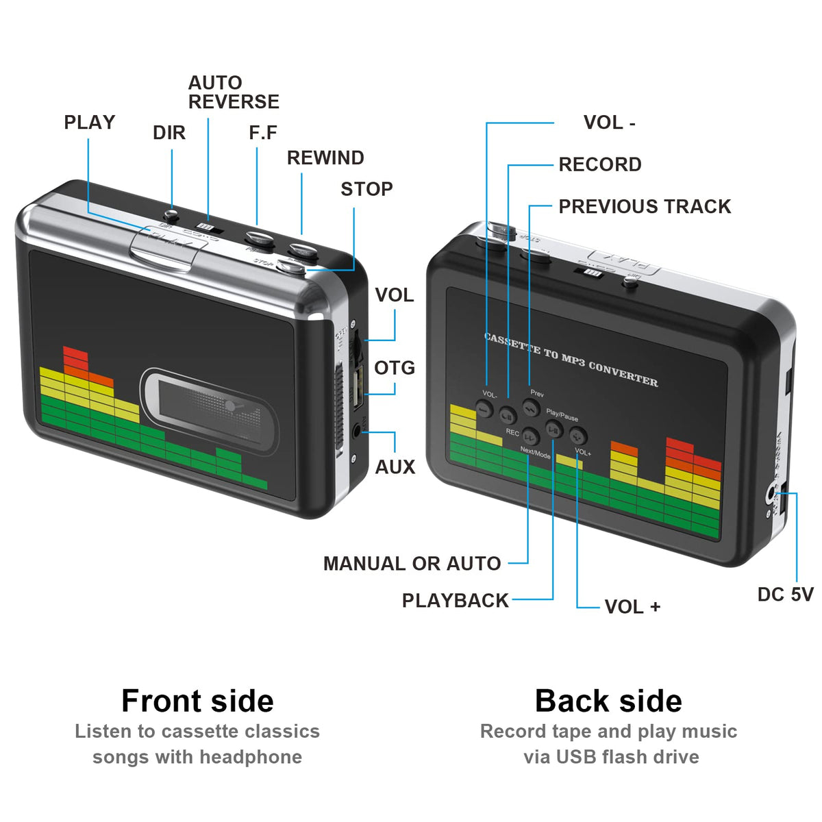 DIGITNOW USB Cassette Player side controls for adjustable volume during recording and playback.