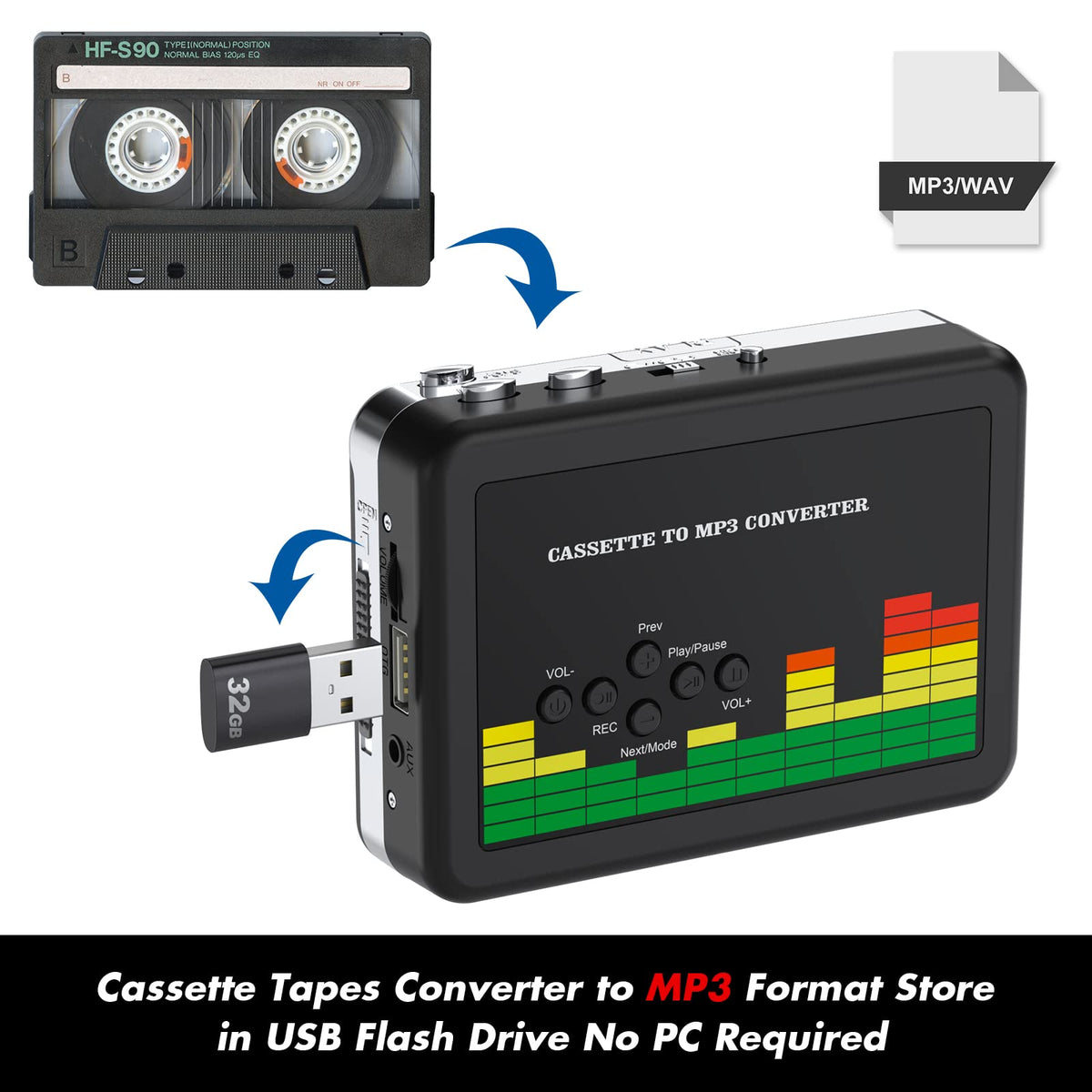 DIGITNOW converter in action with tape inserted converting to MP3 on a USB drive.