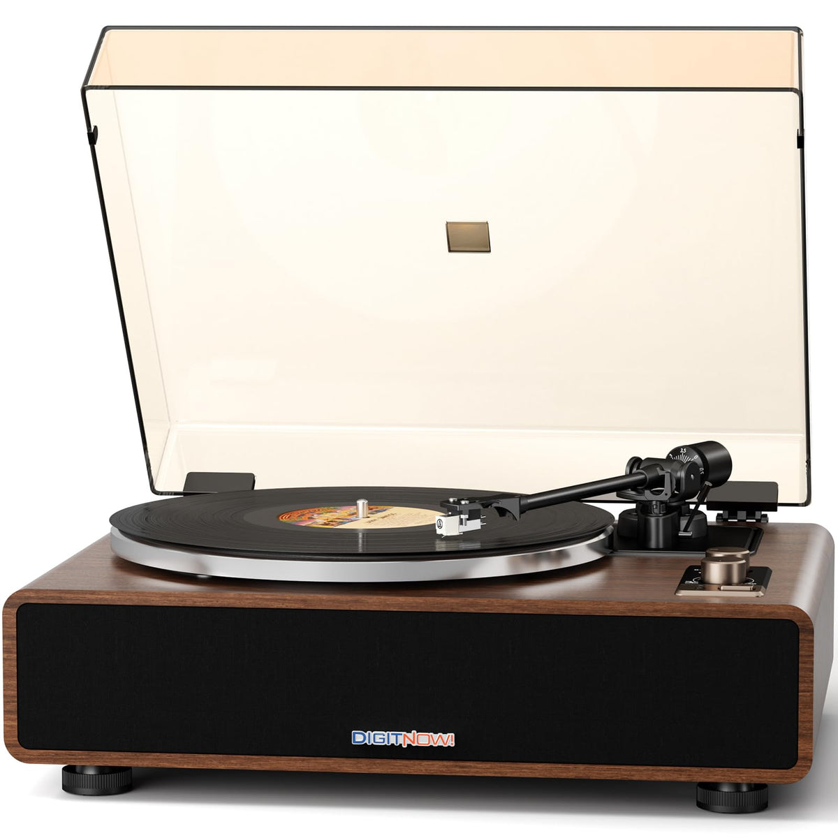 DIGITNOW vinyl record player with wood and metal design for premium home audio