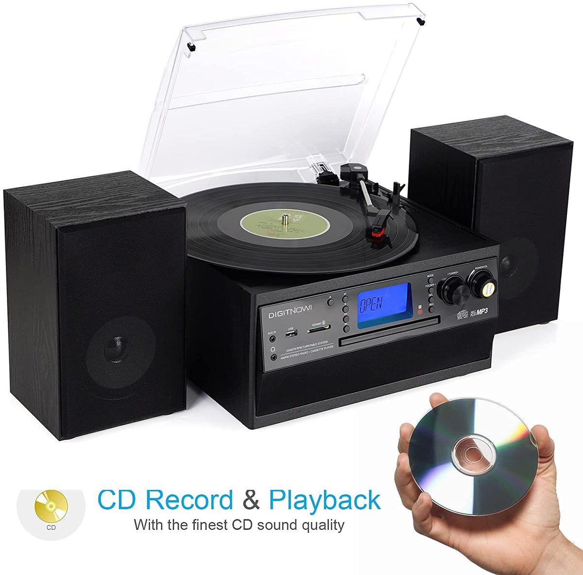 DIGITNOW vinyl to MP3 recording feature for easy digitizing.