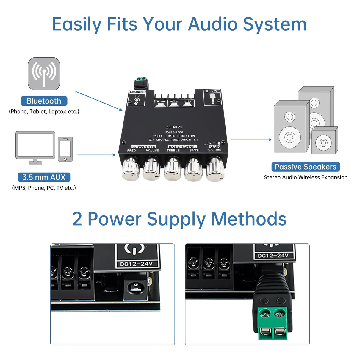 DiGiYes ZK-MT21 bass and treble knobs for precise tone.
