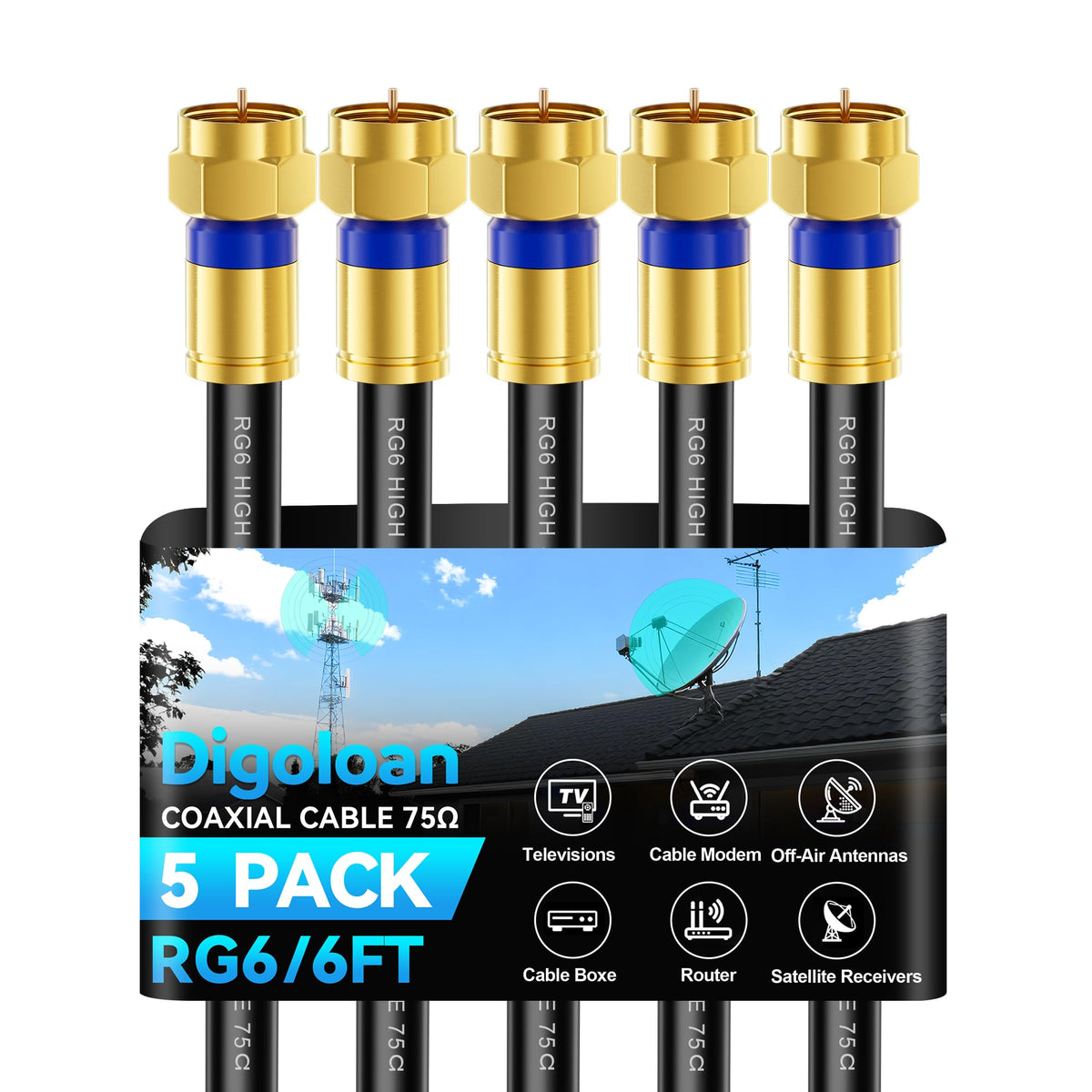 Digoloan coaxial cable with durable outer sheath for indoor/outdoor use and reliable signal.