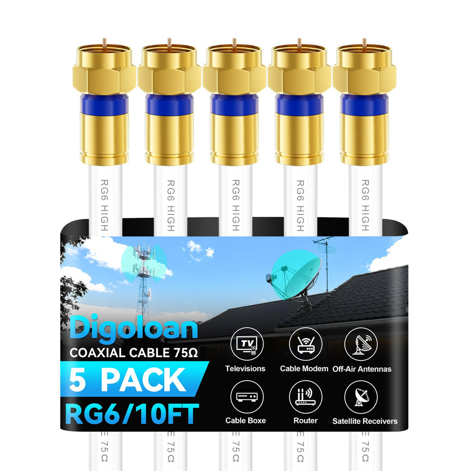Digoloan cable pack front view showing five 10ft cords and organized packaging for easy setup