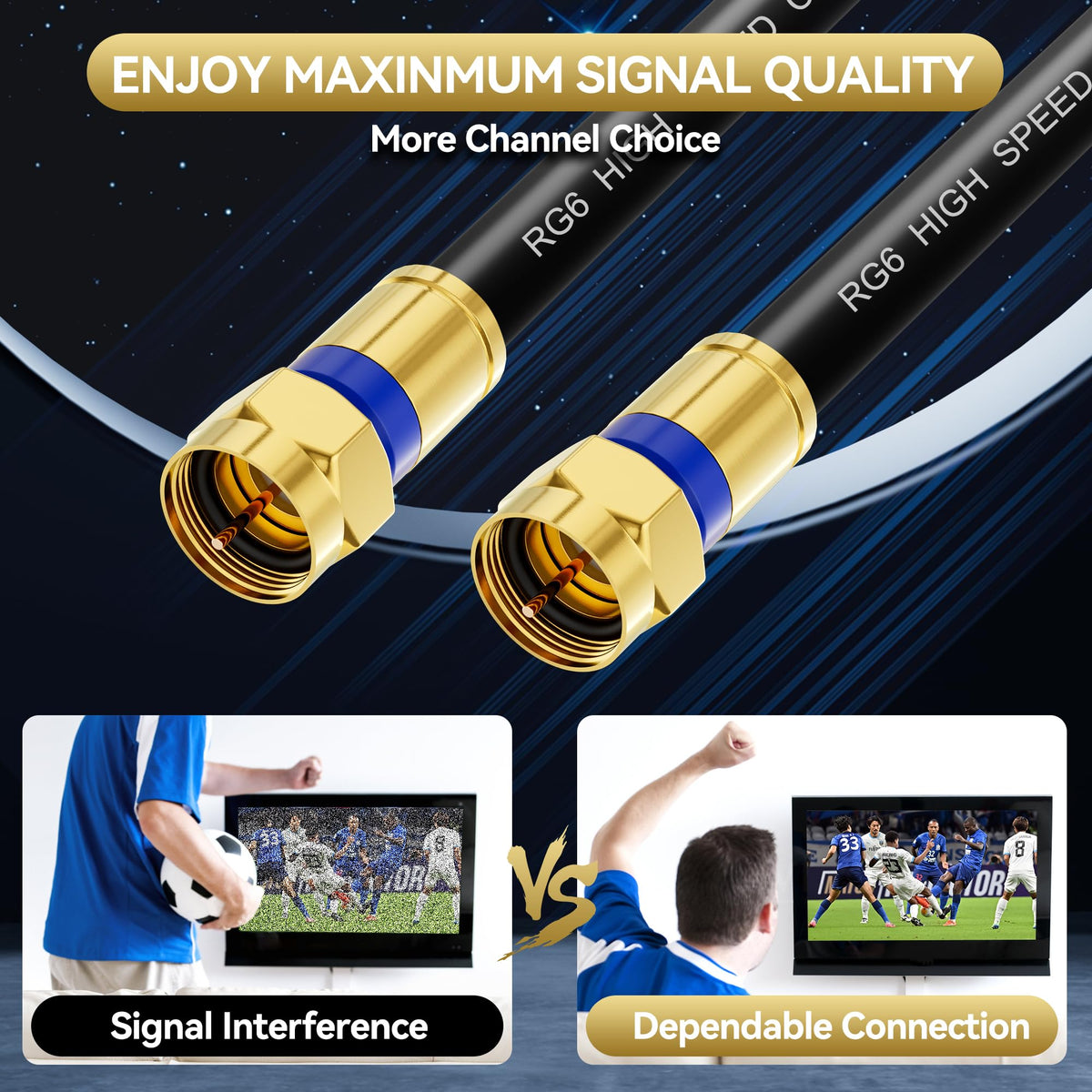 Digoloan gold F-type connector close-up improving contact and corrosion resistance