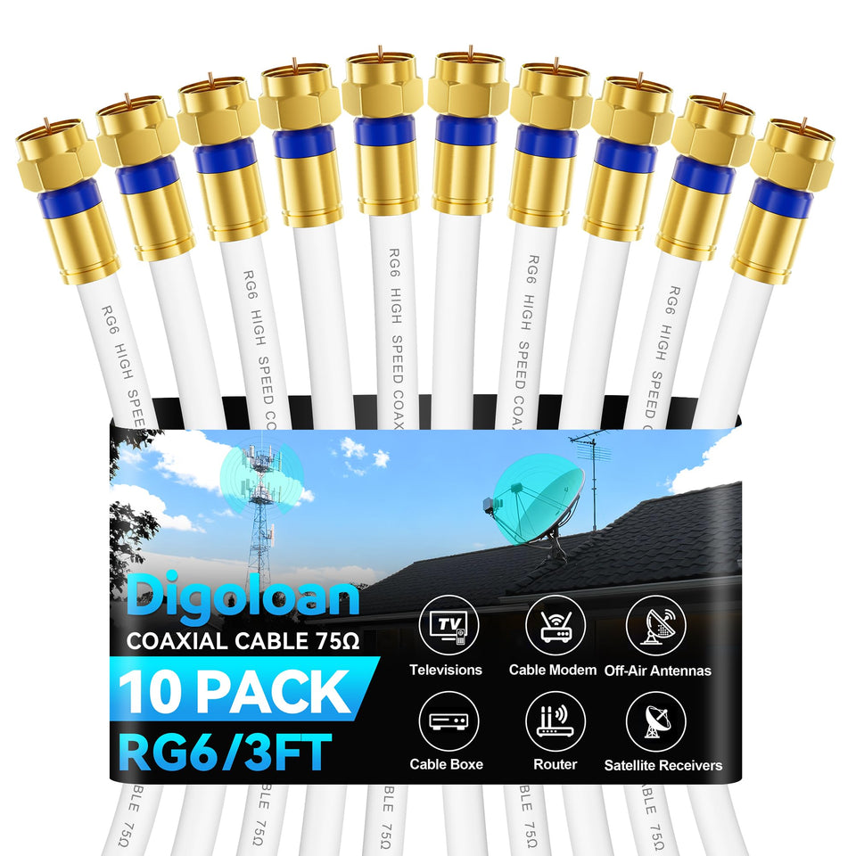 Digoloan front packaging showing 3ft 10-pack and organized cables for easy setup