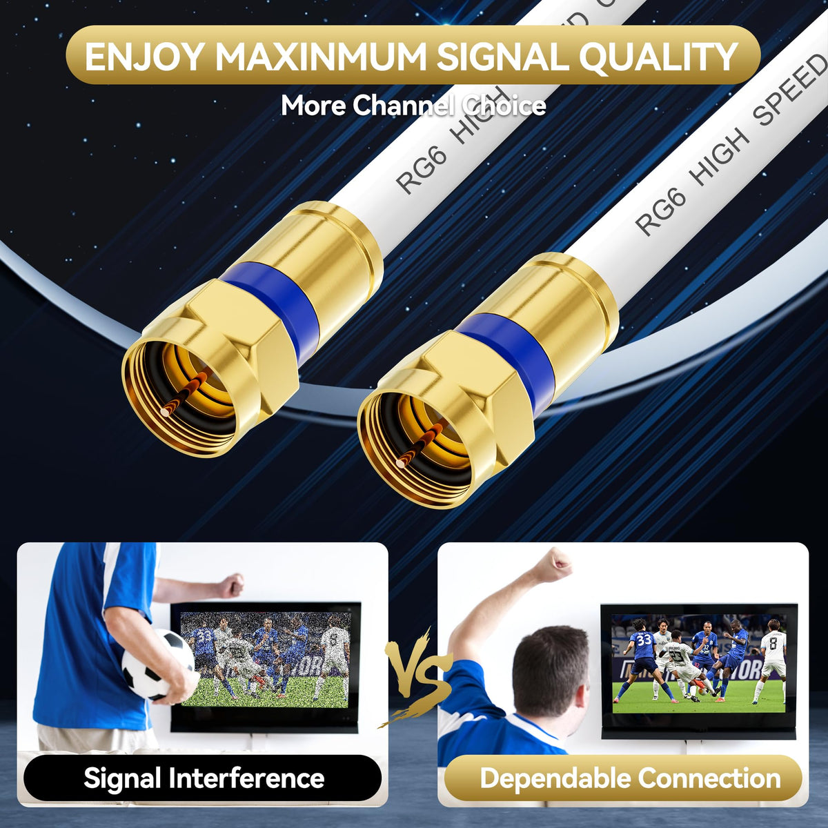 Digoloan golden F-Type connector ensures stable connections for satellite and cable services.