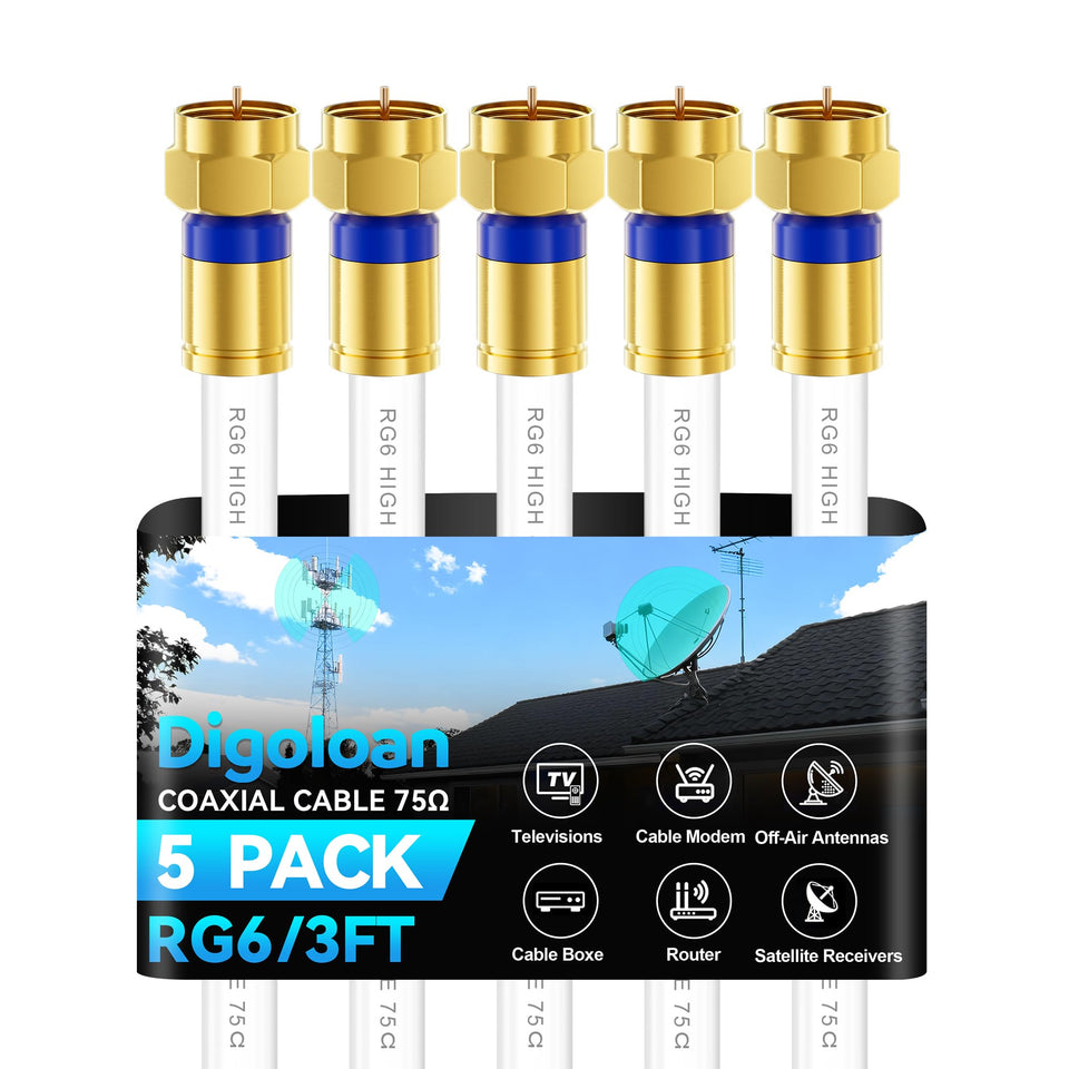 Digoloan RG6 coax cable with 3 ft length for reliable HD TV and internet signals.