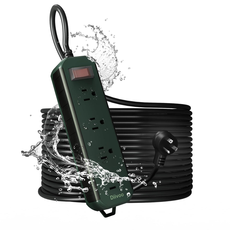 Diivoo front view of weatherproof outdoor power strip showing four outlets and water-resistant case benefit safety