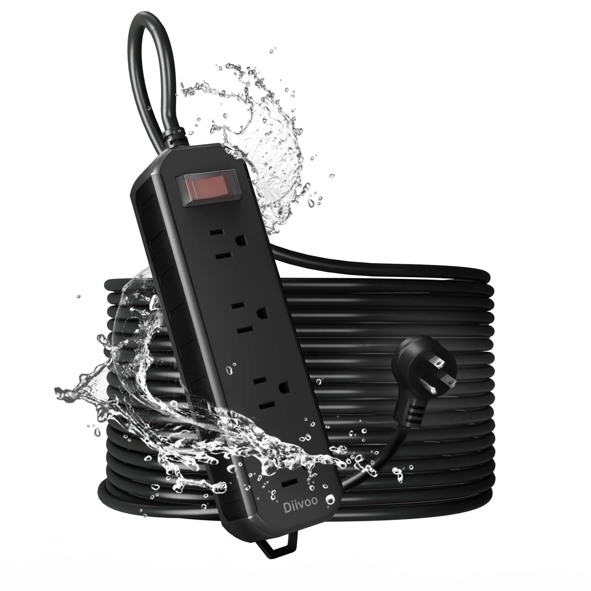 Diivoo front view of weatherproof power strip showing four outlets and benefits
