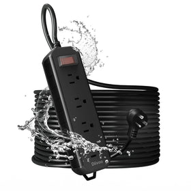 Diivoo front view of weatherproof power strip showing four outlets and benefits
