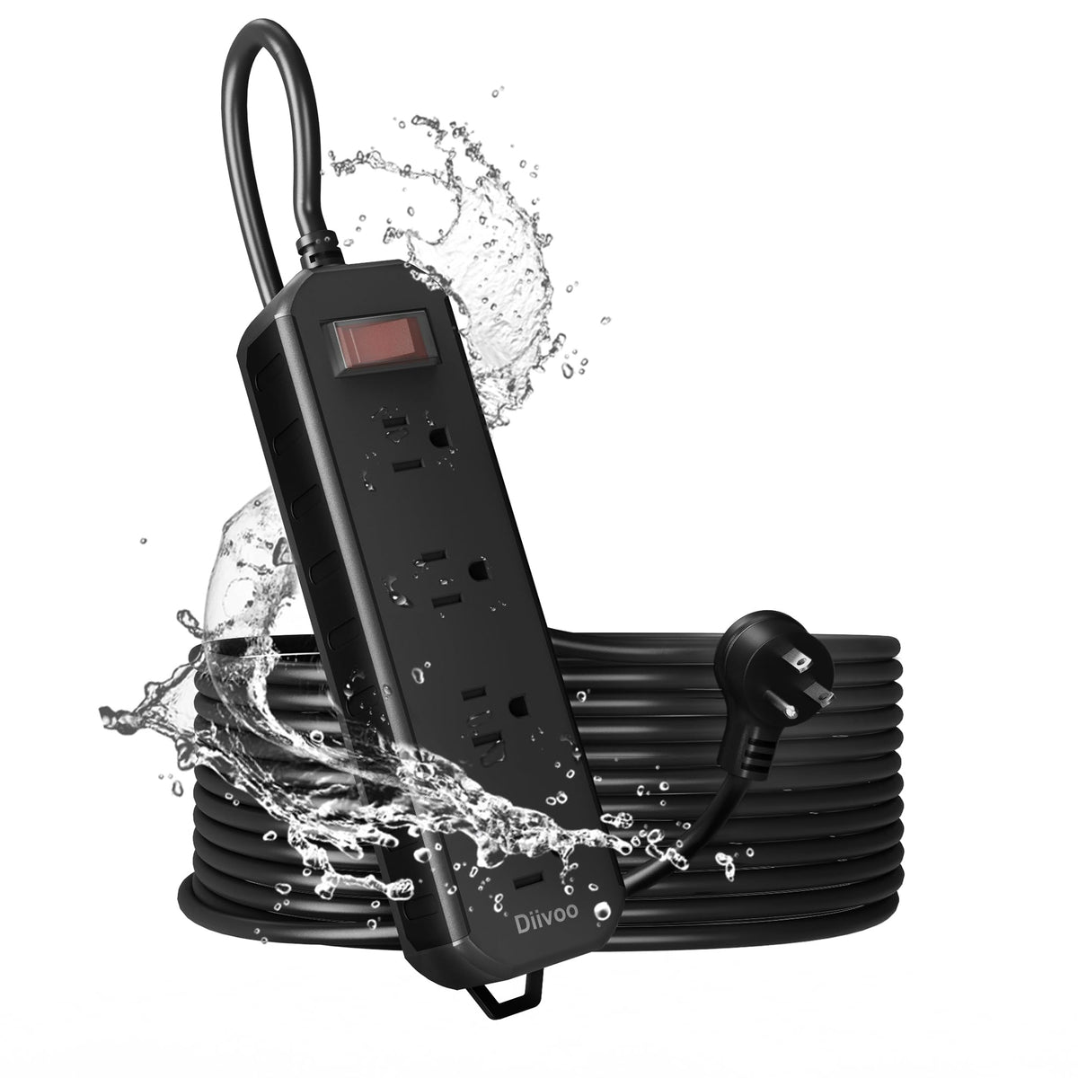 Diivoo front view showing four waterproof outlets and durable housing benefits safe outdoor power