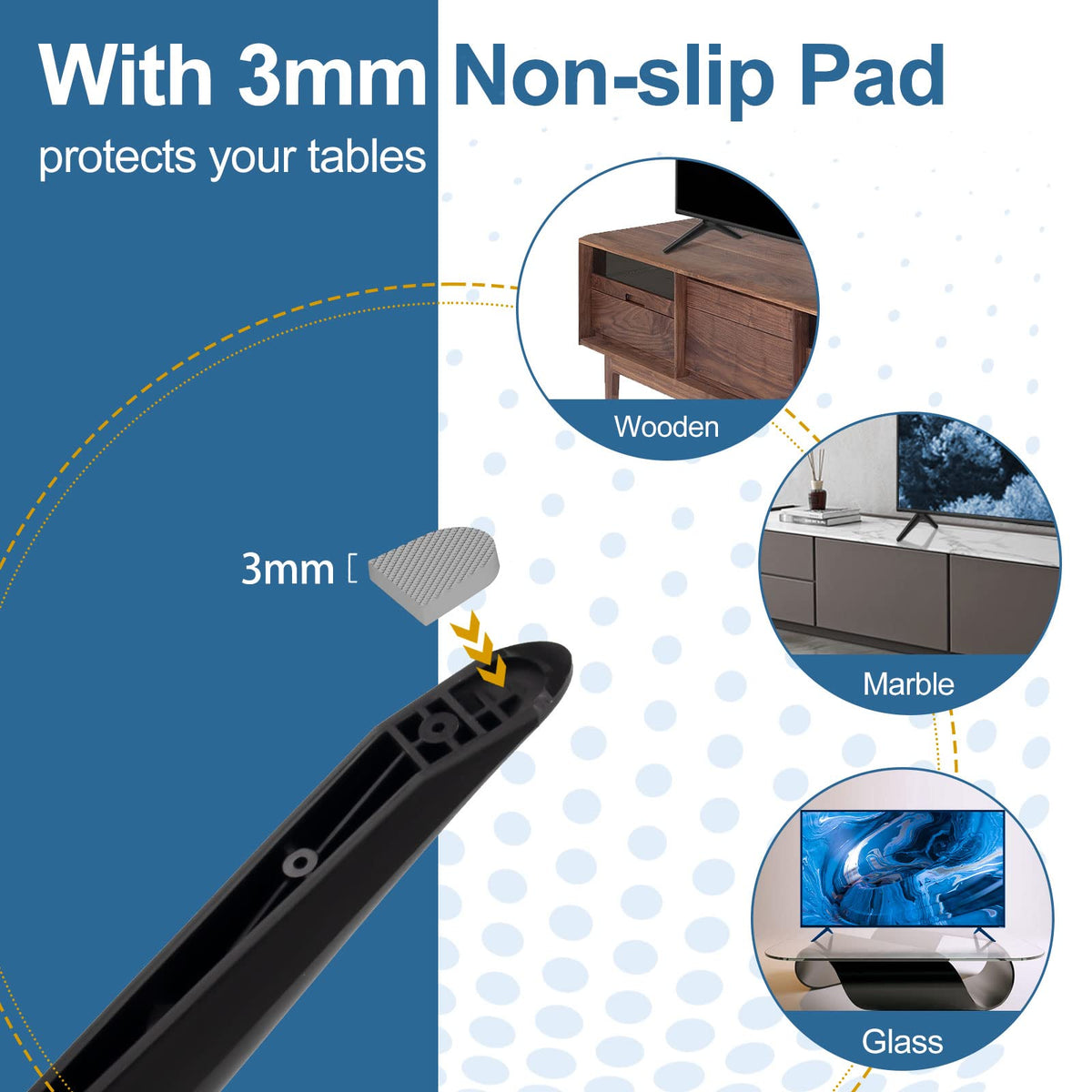 Dinghosen compact-base design saves space while supporting the TV.