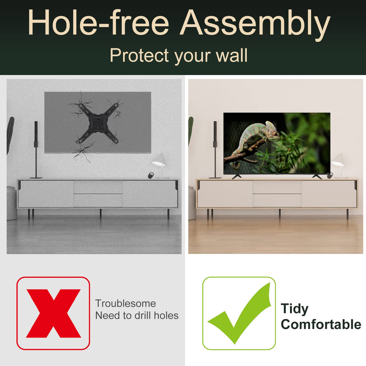 Dinghosen no-drill installation preserves walls and keeps space intact.