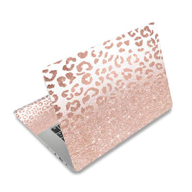 DINKY front-facing laptop skin showing rose-pink leopard print and bold style benefit