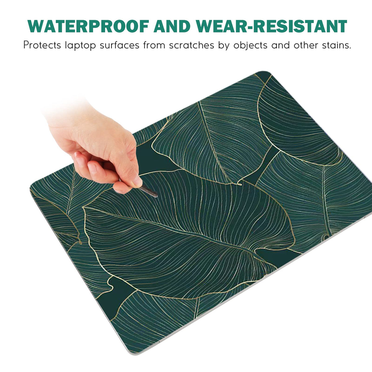 DINKY green leaf laptop skin application tips for neat alignment and clean removal.