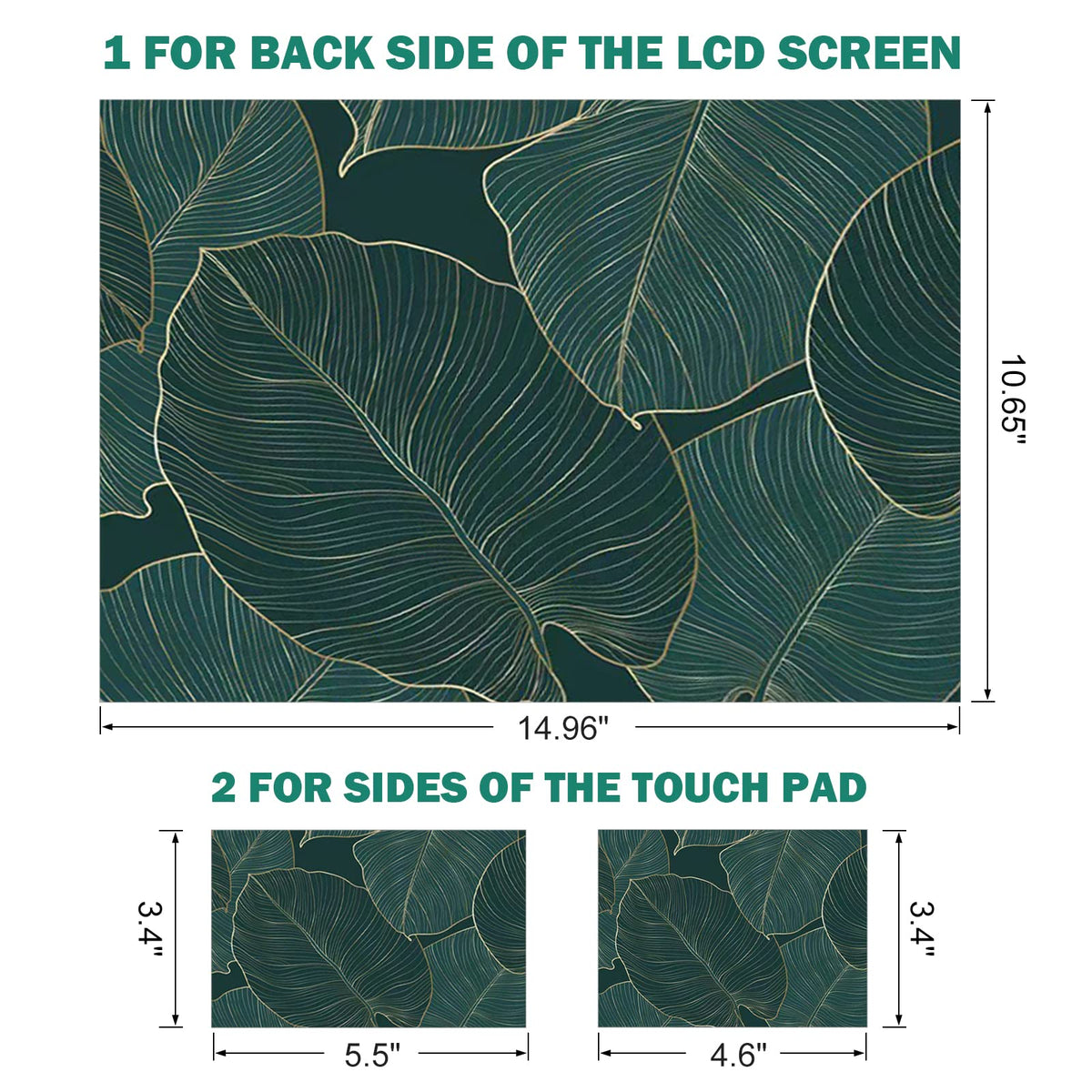 DINKY green leaf laptop skin close-up shows durable vinyl finish protecting surfaces.
