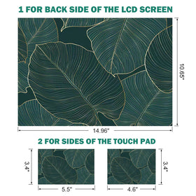 DINKY green leaf laptop skin close-up shows durable vinyl finish protecting surfaces.