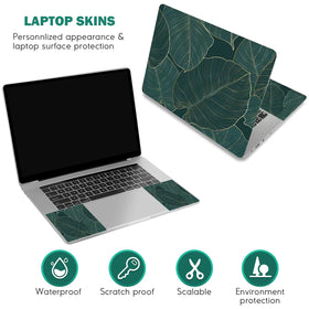 DINKY green leaf laptop skin packaging overview highlighting easy removal and reusability.