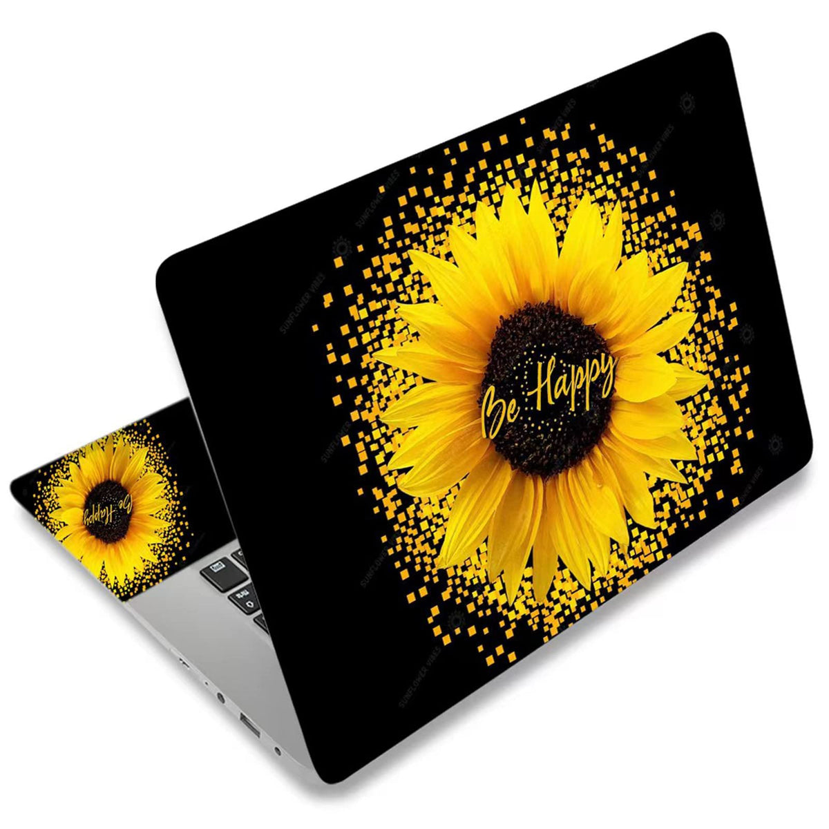 DINKY Sunflower laptop skin cover on a laptop with vibrant protective design.