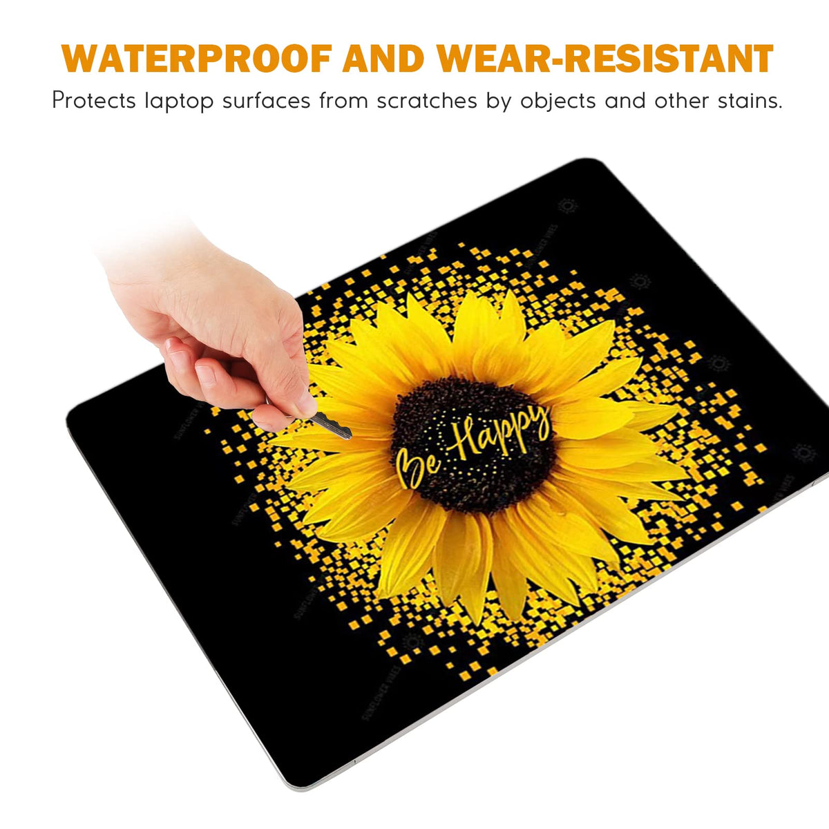 DINKY Sunflower skin on a laptop showing waterproof and dustproof protection.