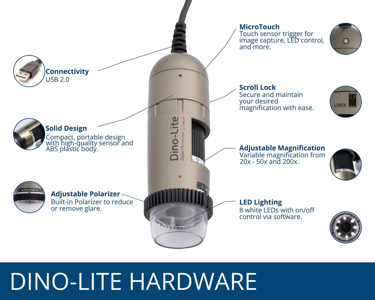 Dino-Lite AM4113ZT shows 20x-50x magnification for detailed viewing.