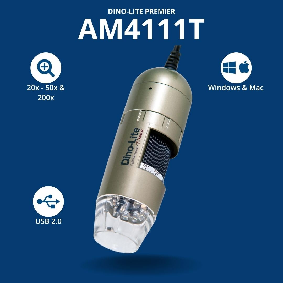 Dino-Lite AM4111T 20x-50x-200x magnification range for flexible viewing.
