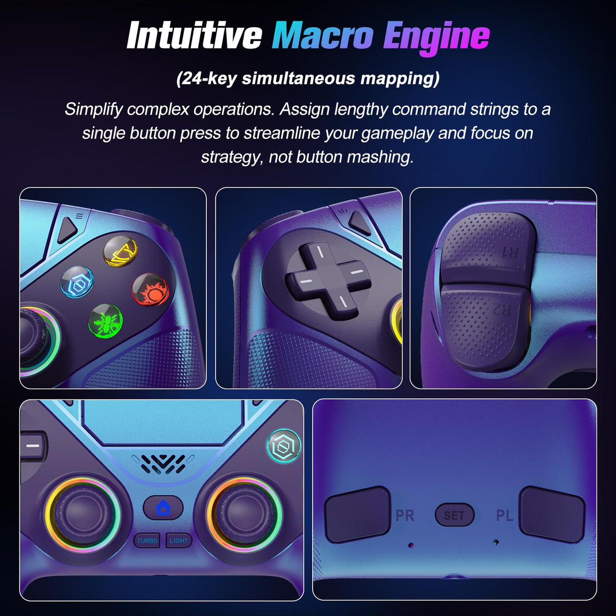 Dinosoo controller back buttons detail demonstrating programmable macro and turbo access