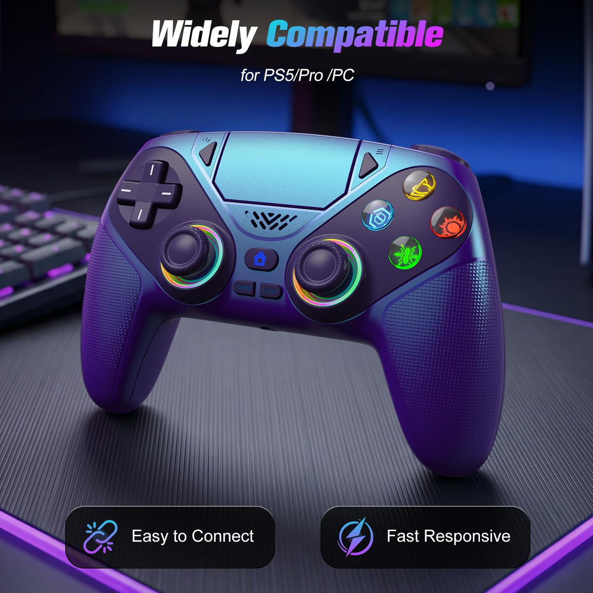 Dinosoo controller RGB lighting modes creating ambiance and quick visual feedback