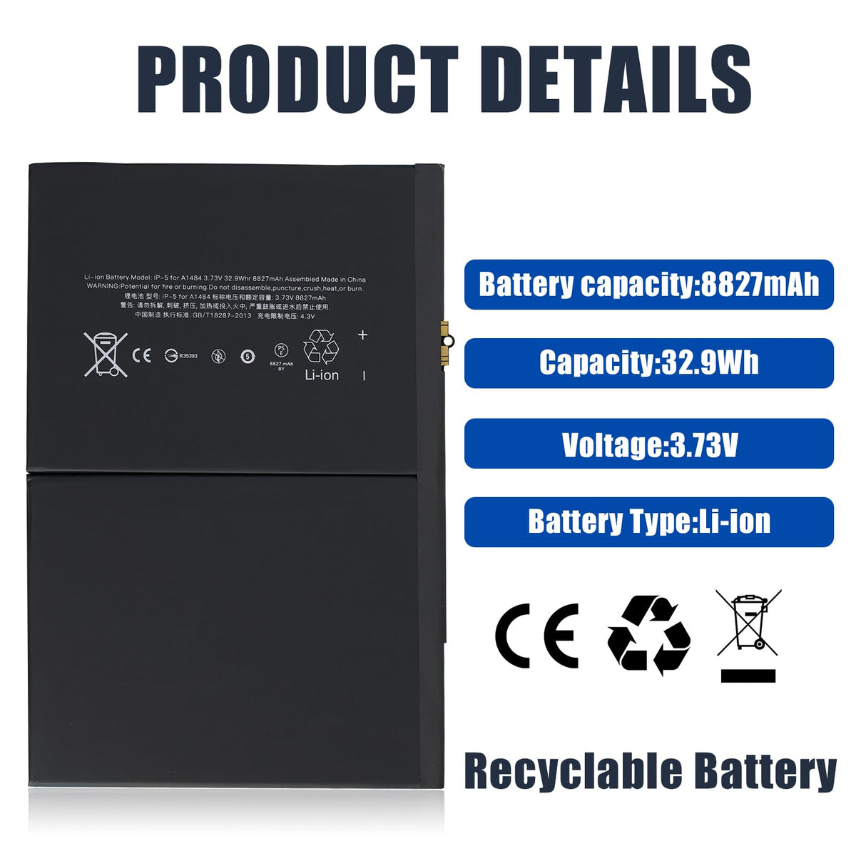 Dinow A1484 battery back view, clean terminals and labeling for safe handling
