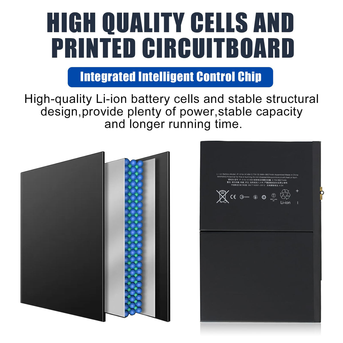 Dinow A1484 battery close-up with smart control chip visible for safety features