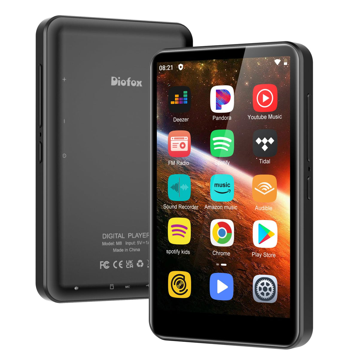 Diofox 80GB MP3 Player with Bluetooth and WiFi for wireless listening on the go.