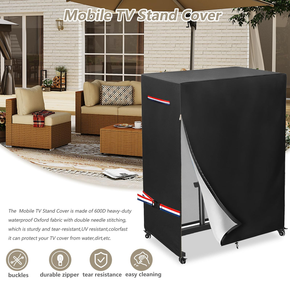 Dipurman cover on wheeled TV stand showing correct fit and size comparison