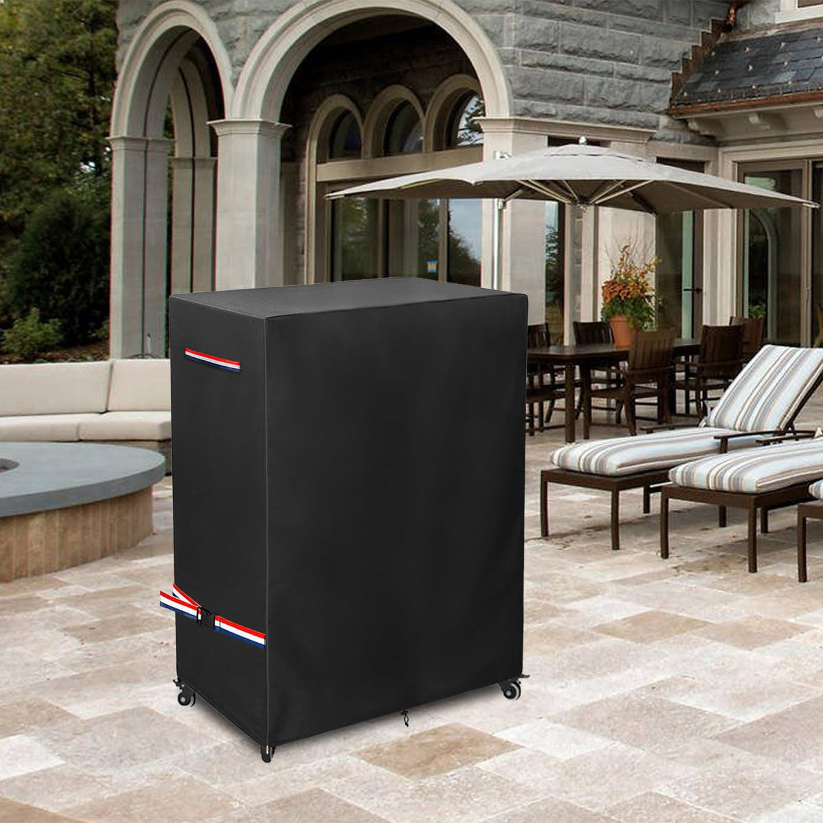 Dipurman cover protecting a patio TV demonstrating outdoor use and peace of mind
