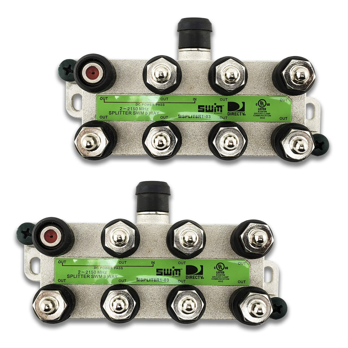 Directv SWM 8-way splitter front view for reliable multi-room signal distribution.