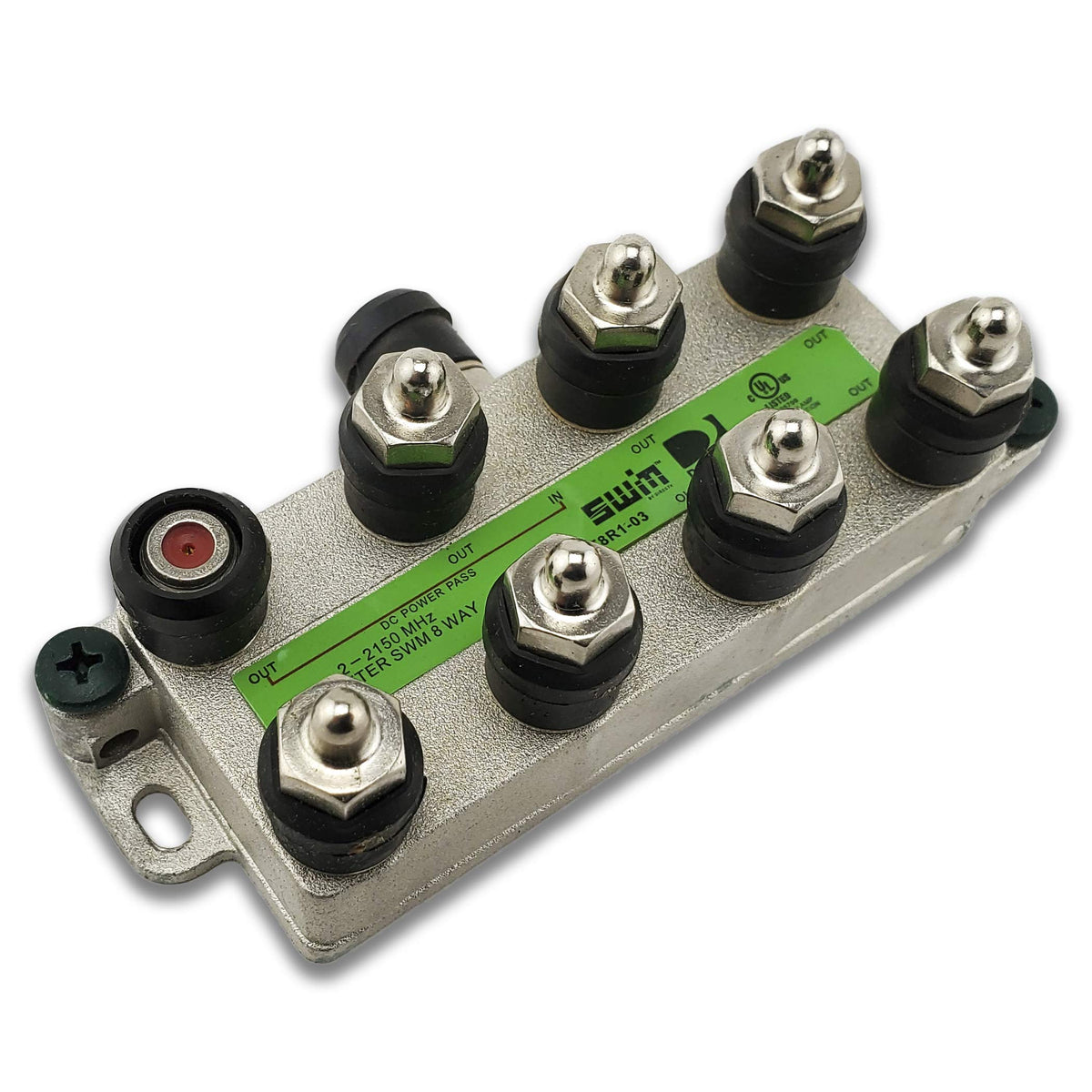 Directv SWM 8-way splitter side profile highlights compact, installer-friendly design.