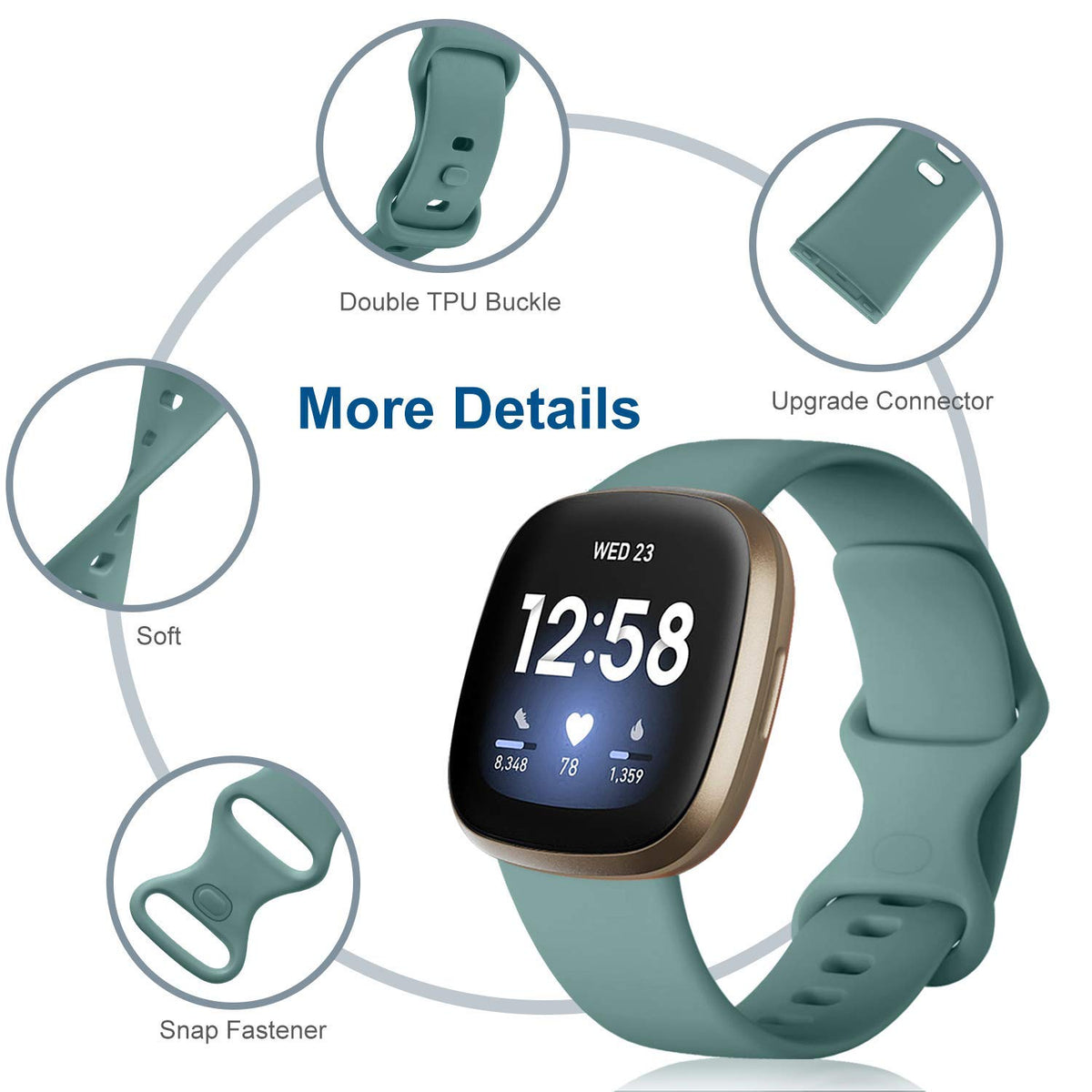 Dirrelo Fitbit Versa 3 blue grey soft TPU band with secure buckle