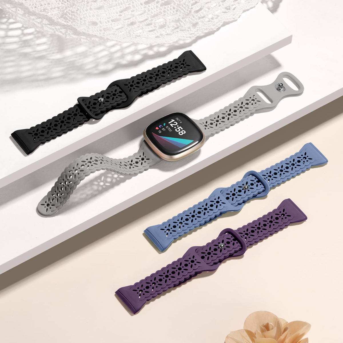 Dirrelo floral lace band on Sense 2 showcases elegant hollow-out design.