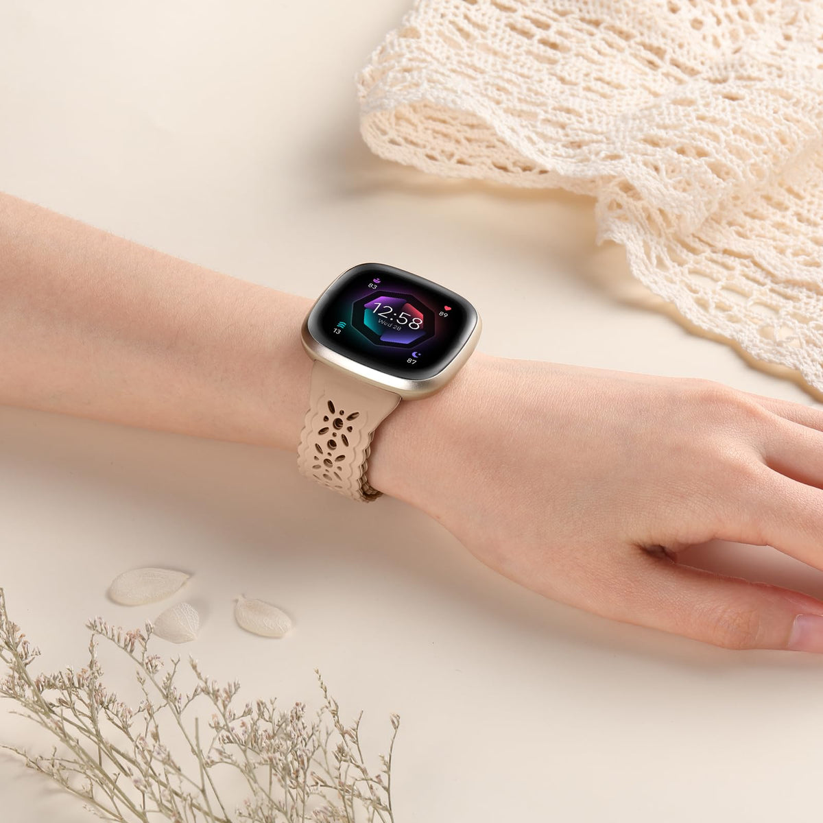 Dirrelo floral hollow lace band for Versa 4 adds airy ventilated comfort