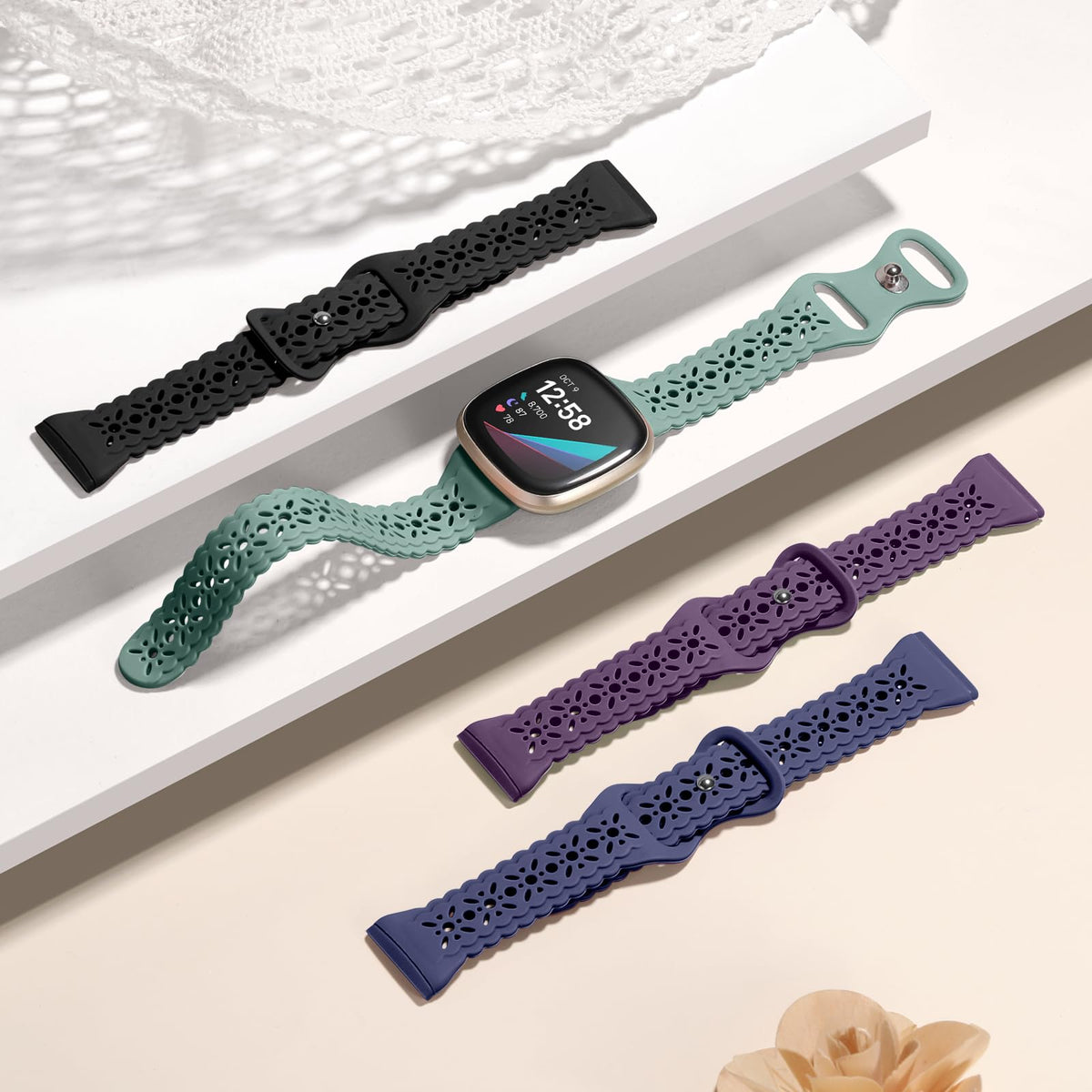 Dirrelo lace silicone band for Sense 2 emphasizes breathable wear.