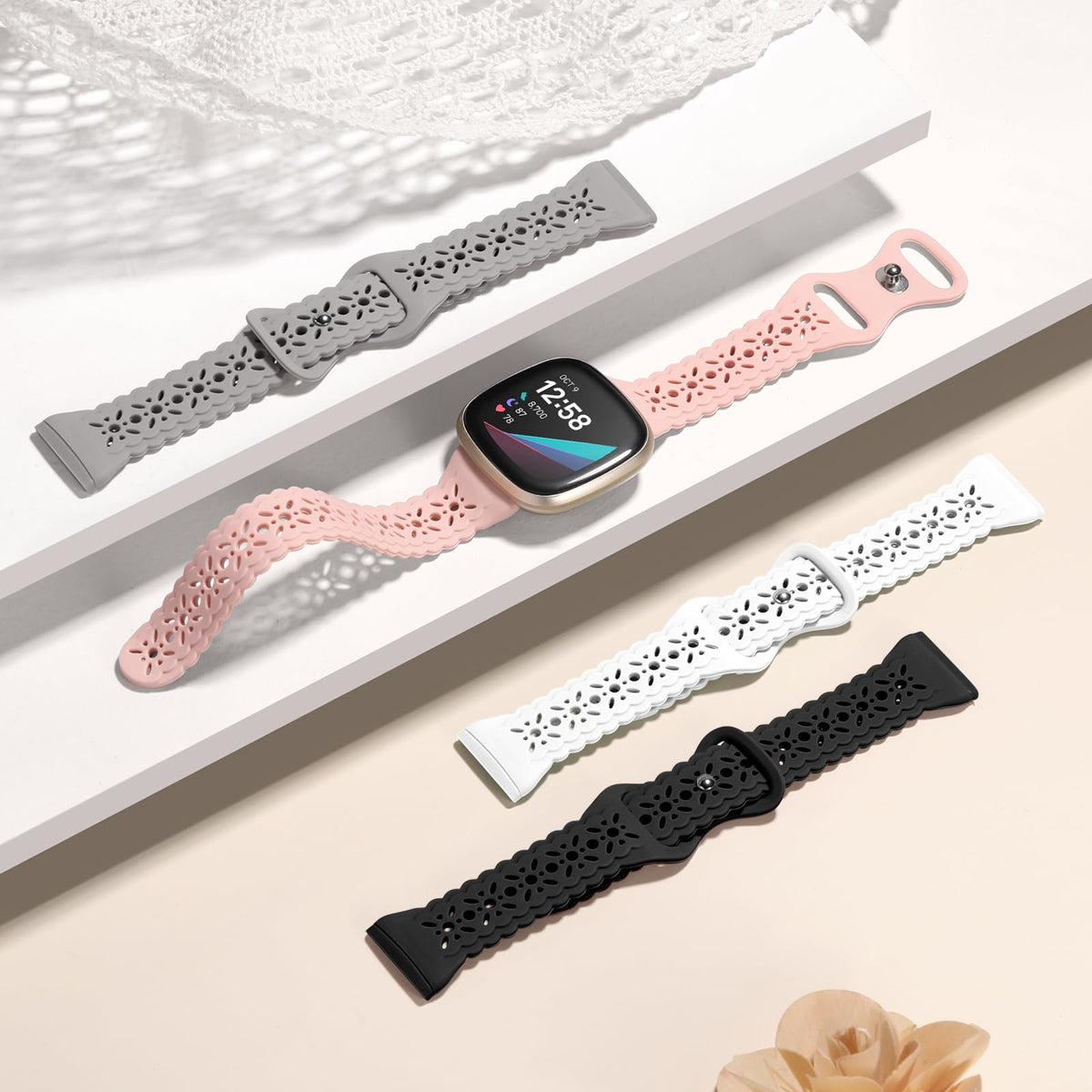 Dirrelo Sense 2 women’s band closeup highlighting elegant lace pattern.