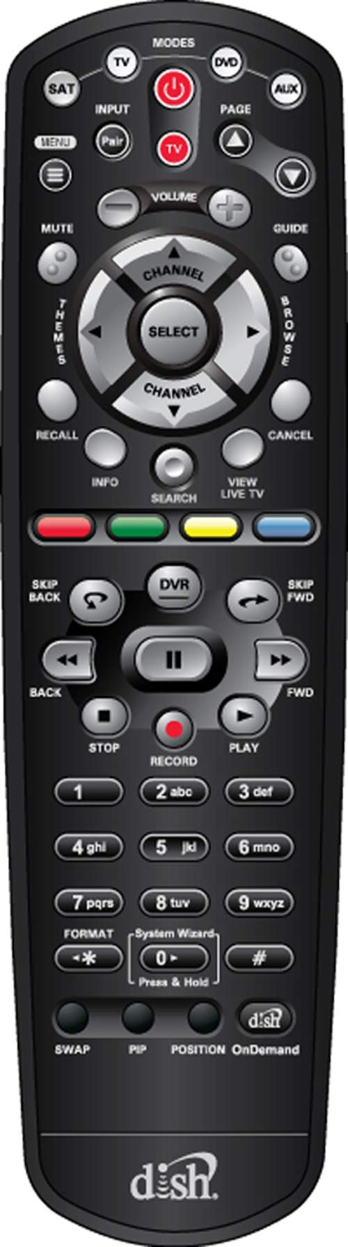 DISH 40.0 remote front view showing buttons and label, clear control access