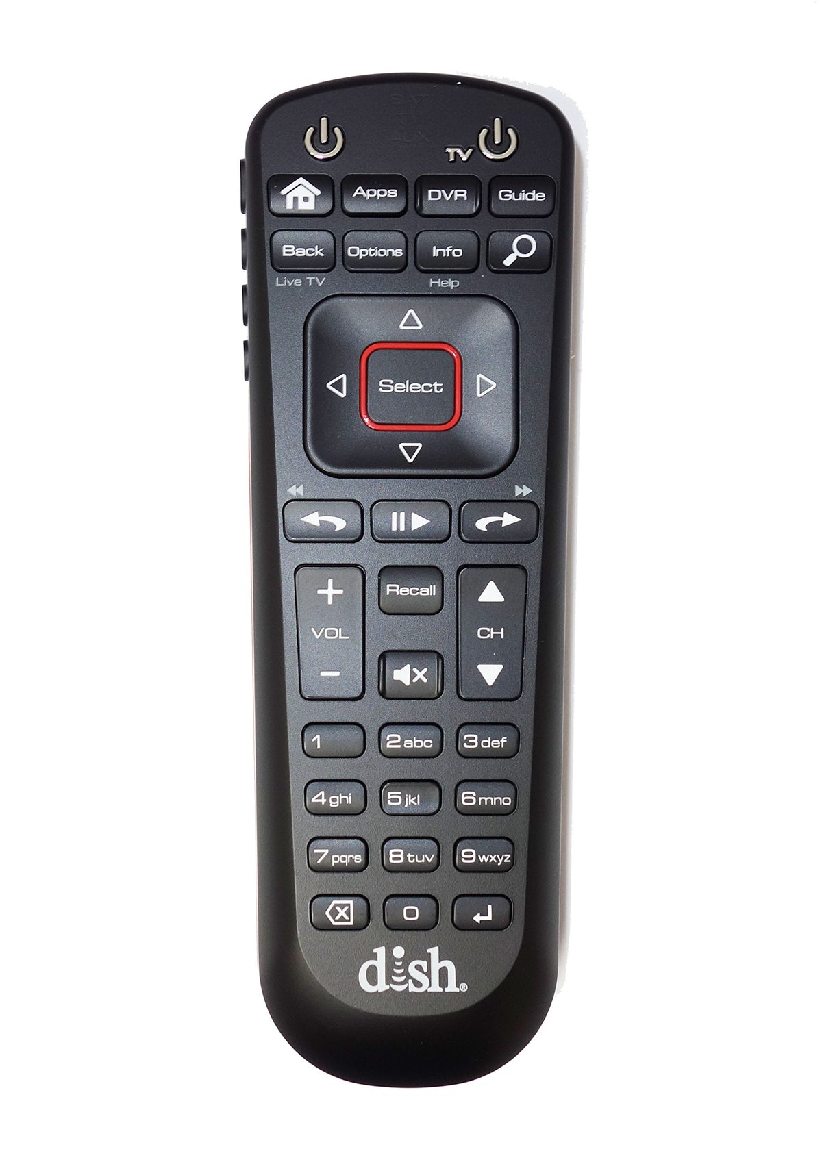 DISH Network remote 52.0 front view with backlit keys for nighttime use.