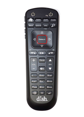 DISH Network remote 52.0 front view with backlit keys for nighttime use.