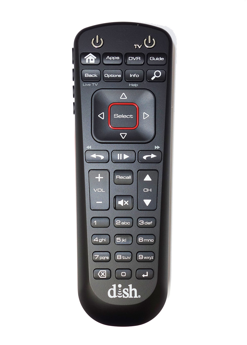 DISH Network remote 52.0 front view with backlit keys for nighttime use.