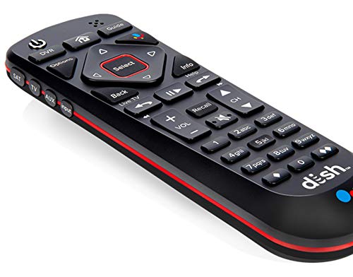 Dish remote front view showing buttons and sleek black design for easy control