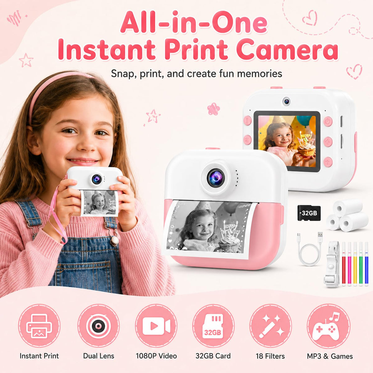 DITUPAN Kids Camera with 32GB card, stores thousands of photos and videos.