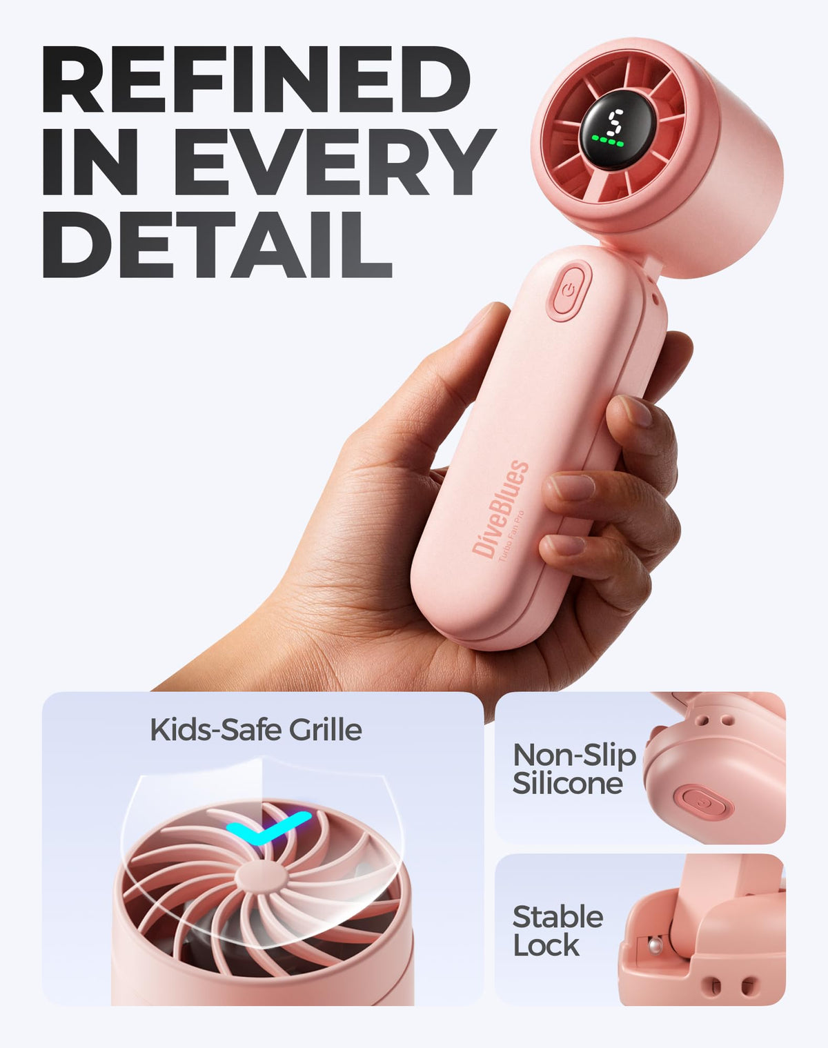 Diveblues Mini Fan hands-free versatility enhances Disney trips and flights.