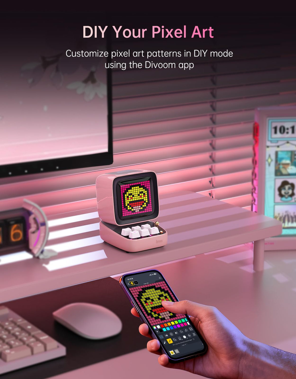 Divoom Ditoo desk setup back view showing ports for stable playback.